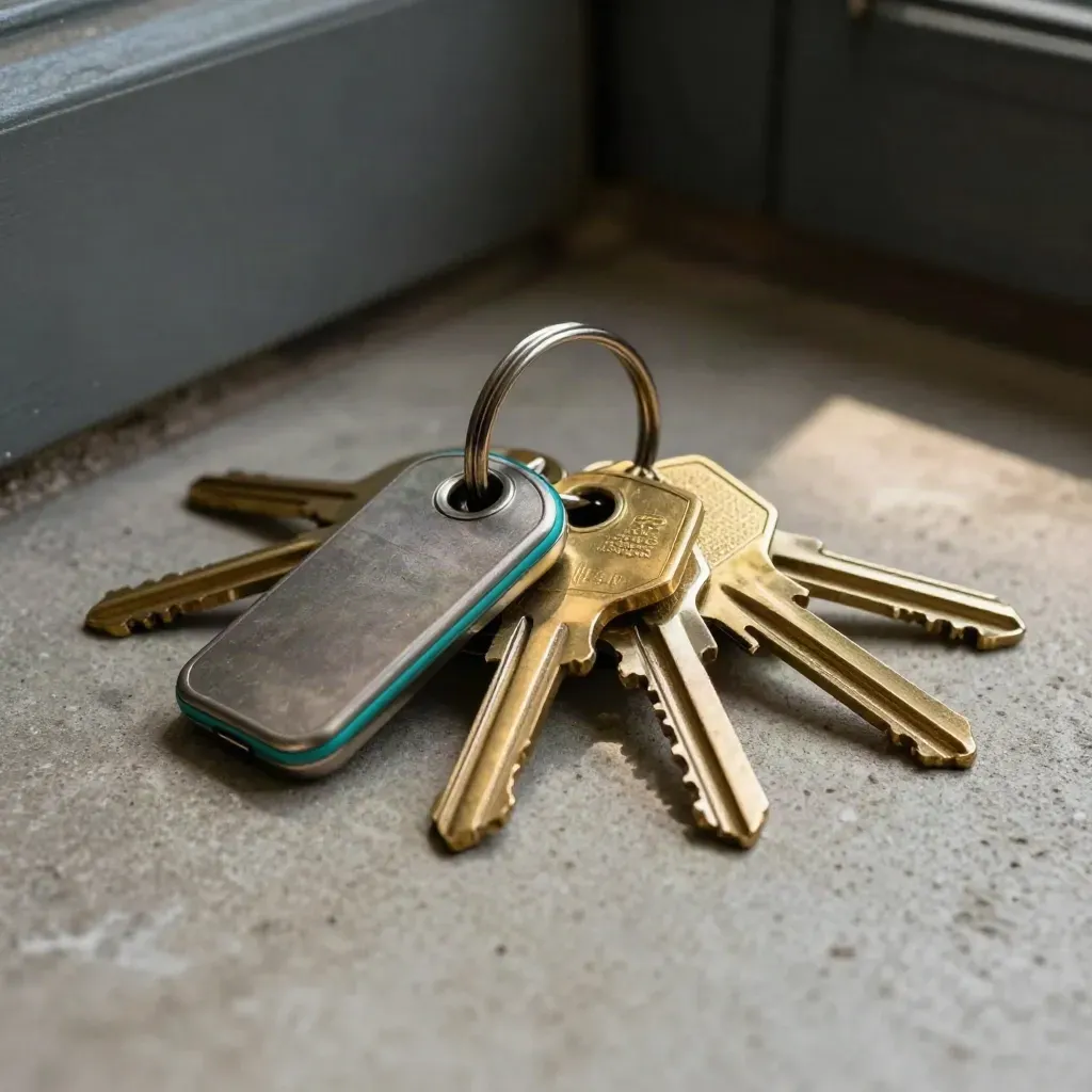 Brass key ring, sealed access fob and metal latch hardware on pale stone with soft teal accent.