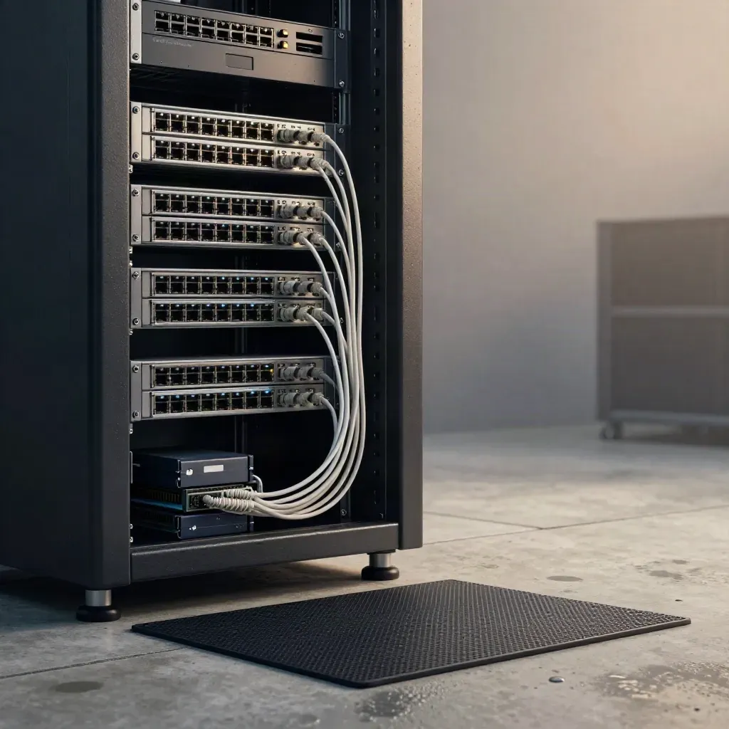 Open server rack with switches, fibre leads and a mat on damp concrete in soft mist.