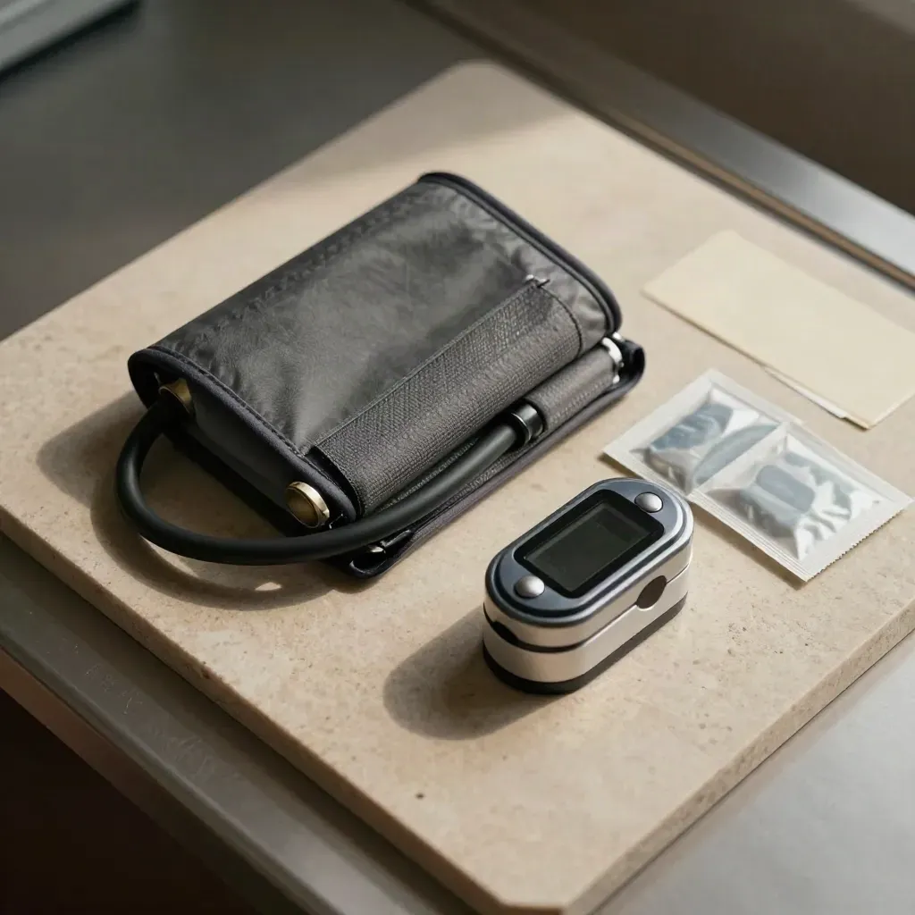 Top-down flat lay of a blood-pressure cuff, pulse oximeter clip and wipe packets on pale stone.