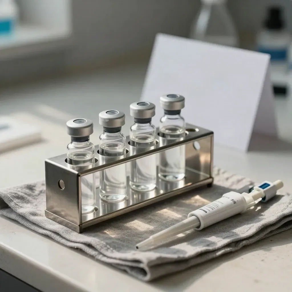 Biotech bench still life with sample vials, tube rack and closed pipette-tip boxes on steel.