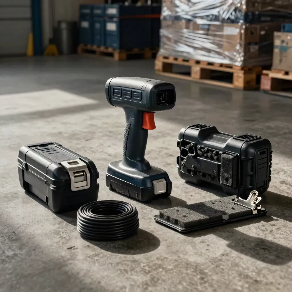 Warehouse scan-gun cradle, battery dock, cable protector and holster on concrete in soft daylight.