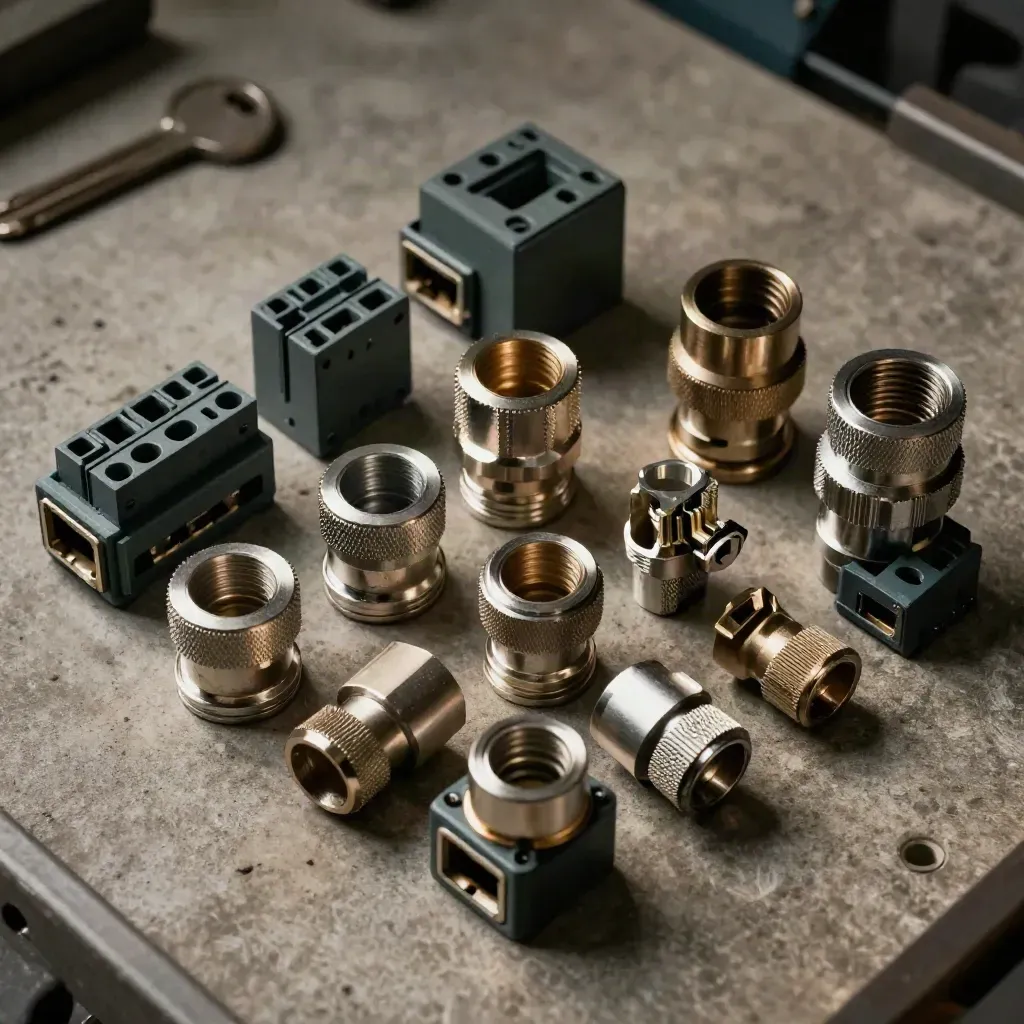 Network hardware laid out after service: terminal blocks, conduit fittings and shielded couplers on concrete.