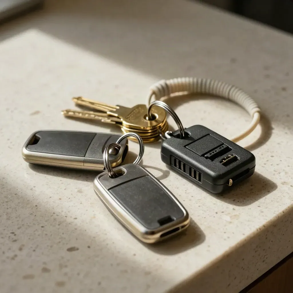 Hospitality access kit with key fobs, brass blanks, switch and patch lead on travertine.