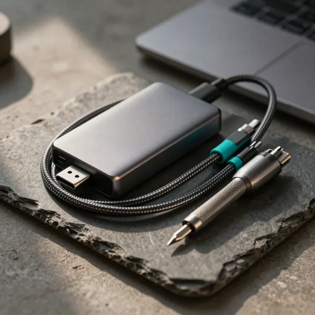 Macro USB-C dock, braided charging leads and precision screwdriver set on slate concrete.