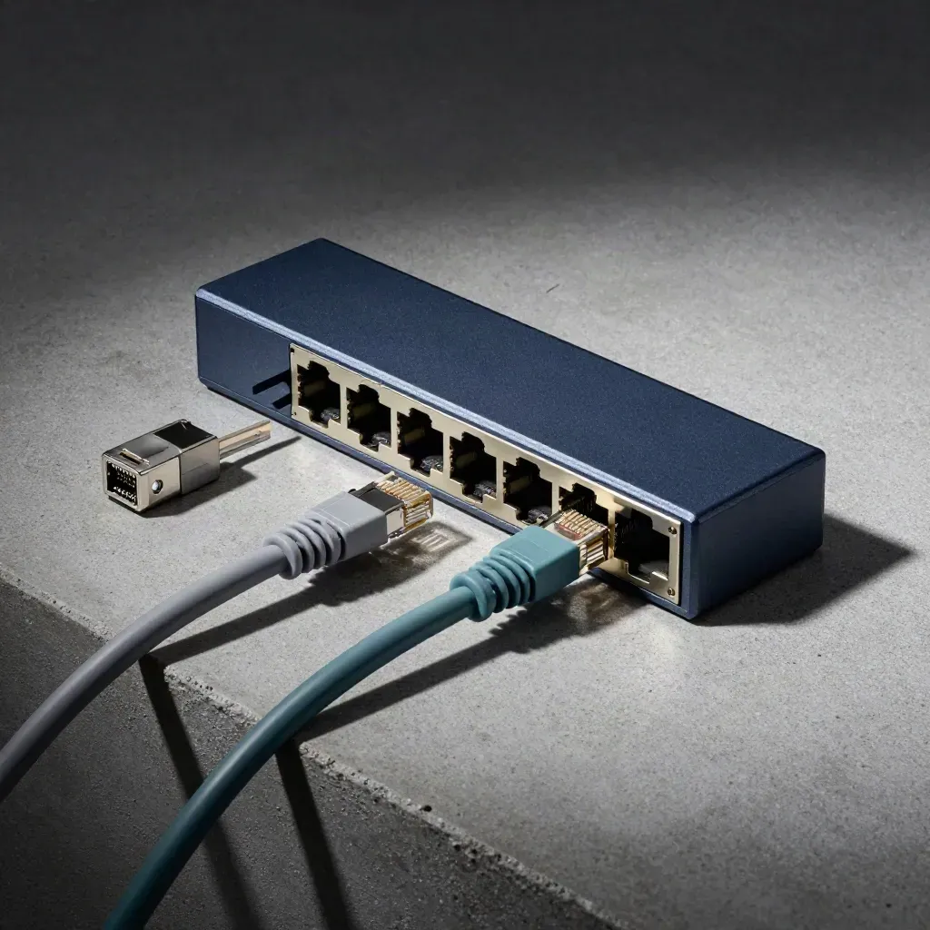 Top-down still life of a network switch, RJ45 jack, and coiled ethernet leads on stone.