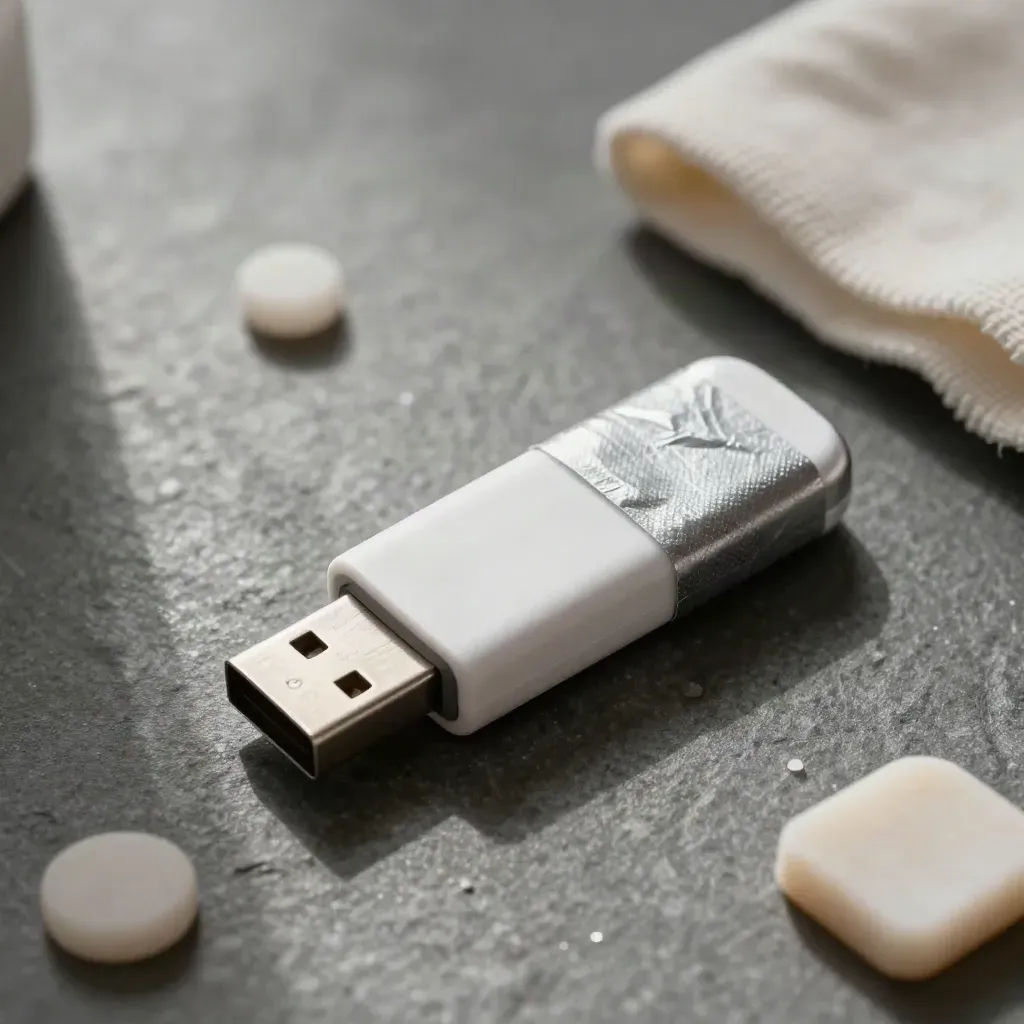 Top-down install kit with USB stick, SSD, and anti-static sleeve on graphite stone.