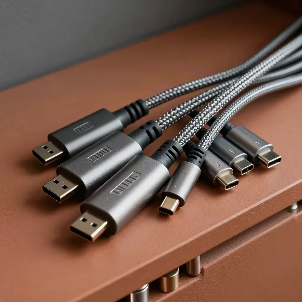 USB-C adapters, HDMI dongles and braided cables in a tight macro cluster on terracotta stone.