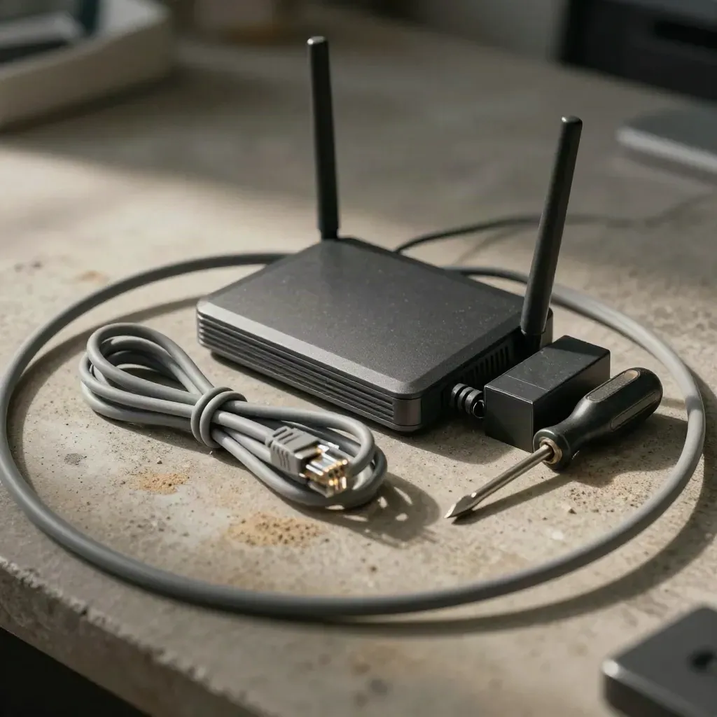 Office emergency kit with router, power brick, cable lead and screwdriver on concrete.