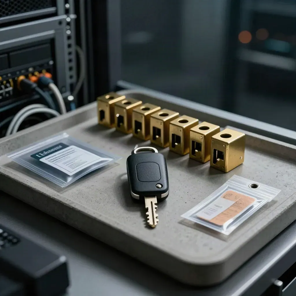 Security key with port blockers and tamper seals on a concrete tray beside a server rack
