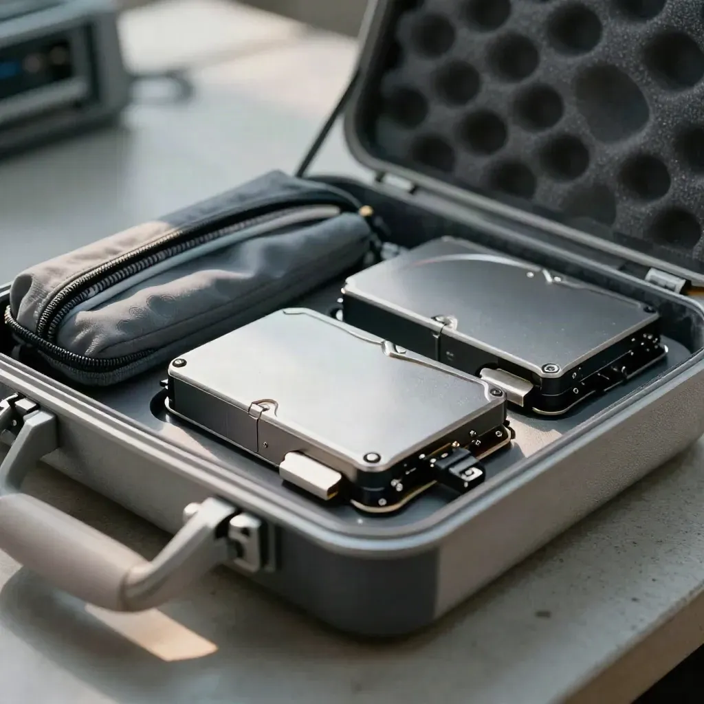 Backup drives, travel router and cable pouch packed for a UK branch