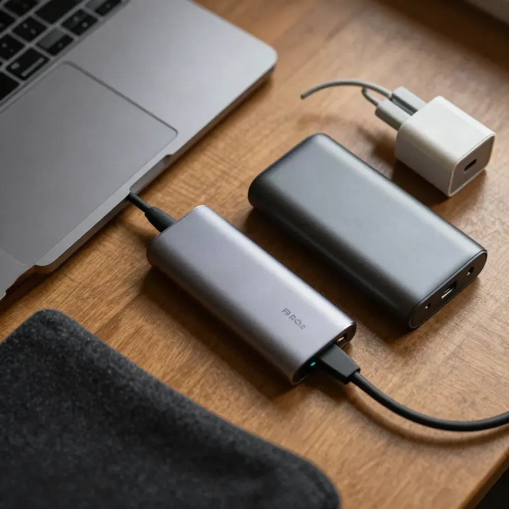 Closed laptop, hub, power bank and charger on warm oak, shot as a dramatic flat lay.