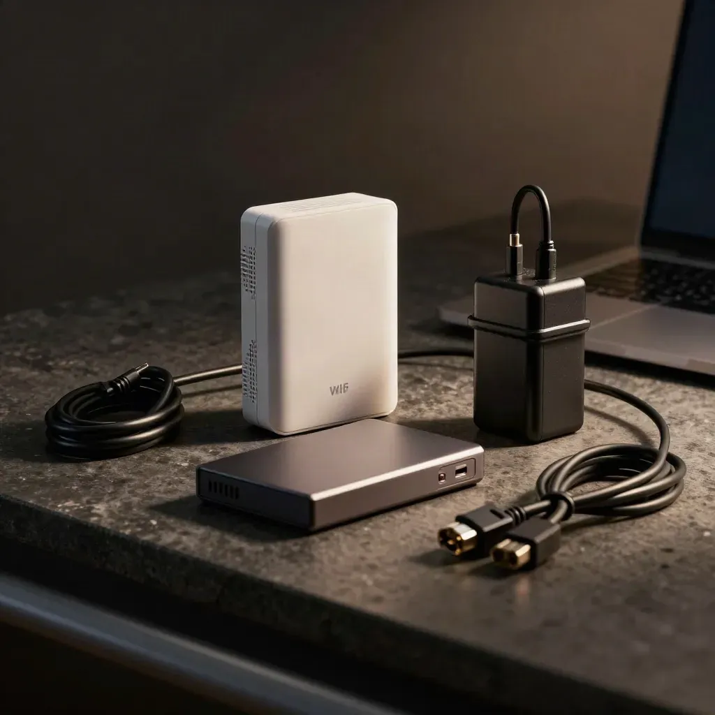 Office hardware kit on dark stone with access point, charger, backup drive and cable