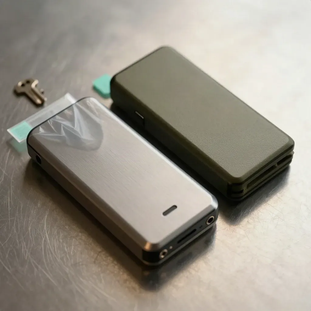 Overhead macro of external drives, anti-static sleeves and foam inserts on brushed metal.
