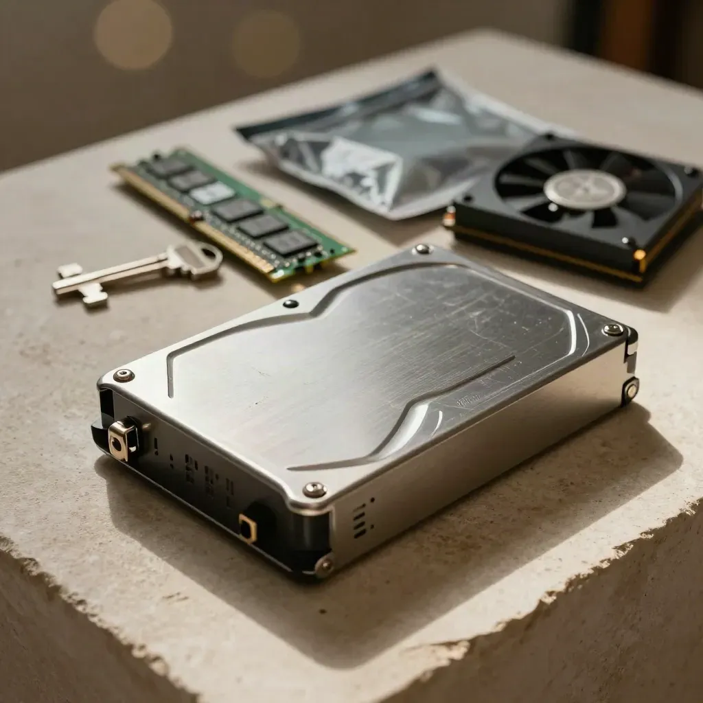 Hot-swap drive caddy with memory sticks, fan module and anti-static bag on pale stone.