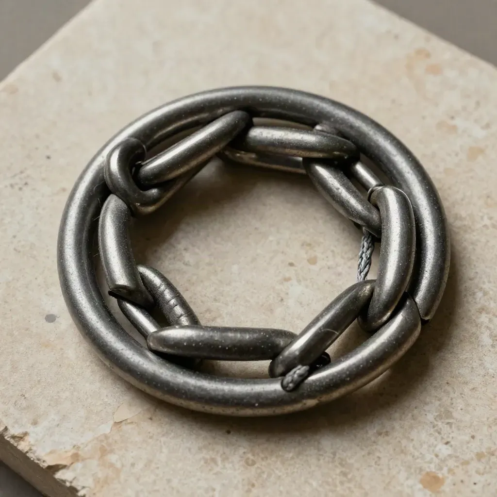 Top-down macro of steel rings and braided cable loops interlocking on pale stone.
