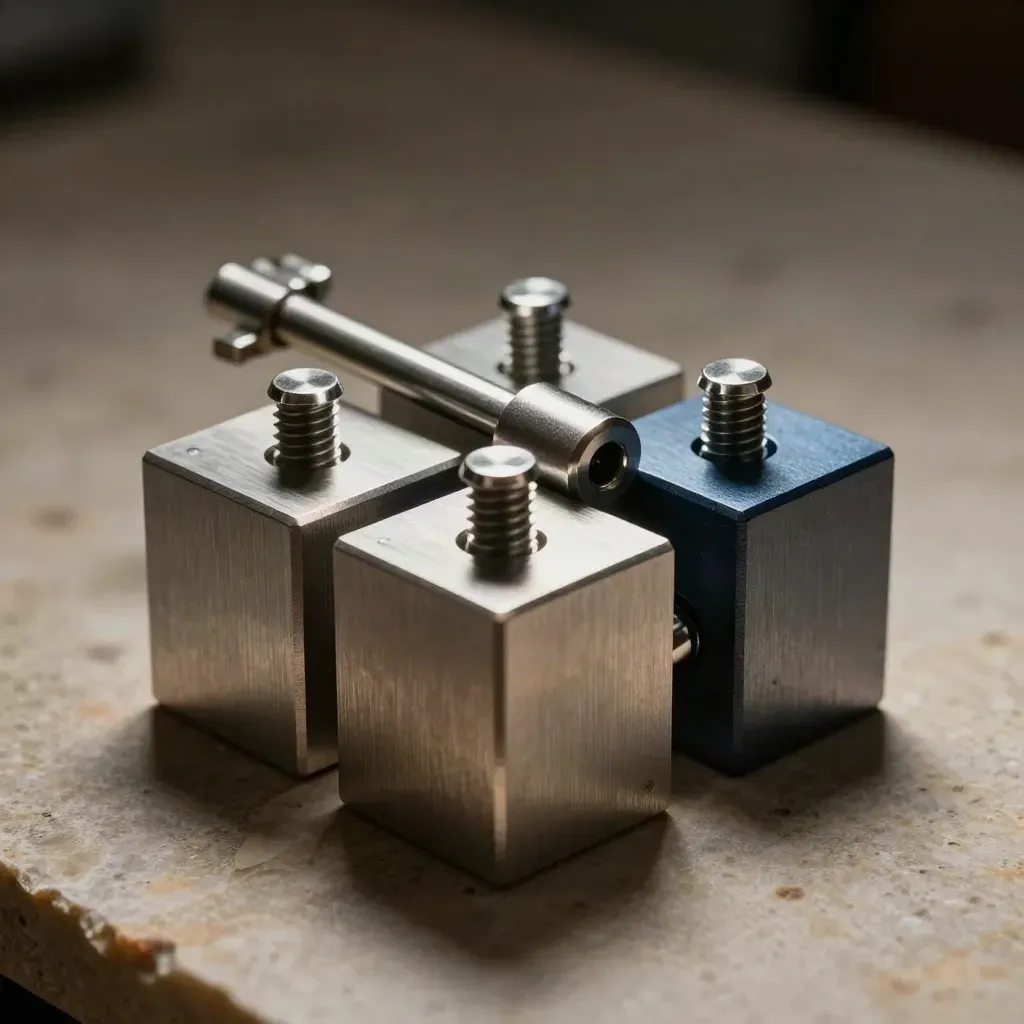 Brushed aluminium blocks and a pivoting connector on stone in dramatic side light.