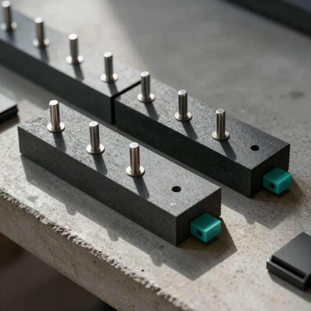 Graphite modular blocks with pins and teal clips on concrete, lit from upper left