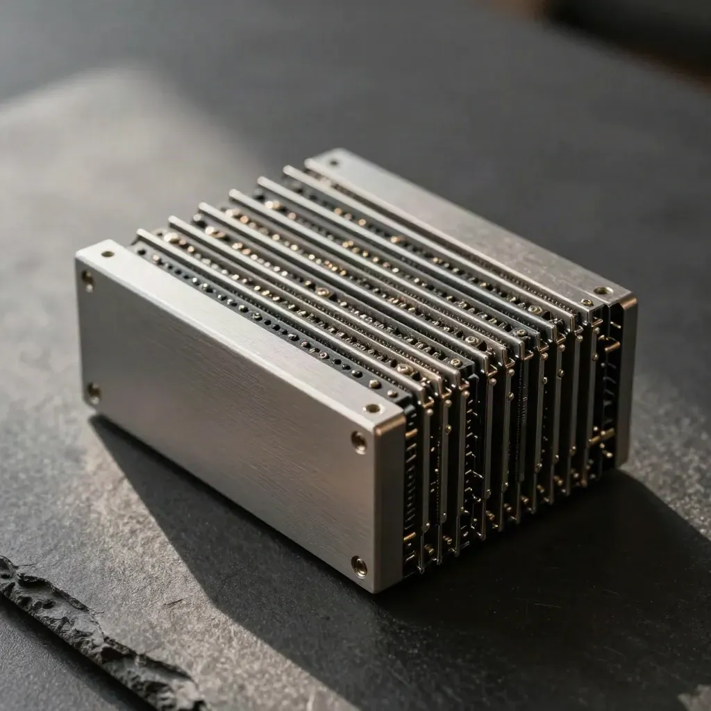 Stacked server fins and connector sleeves on slate, lit by soft side daylight