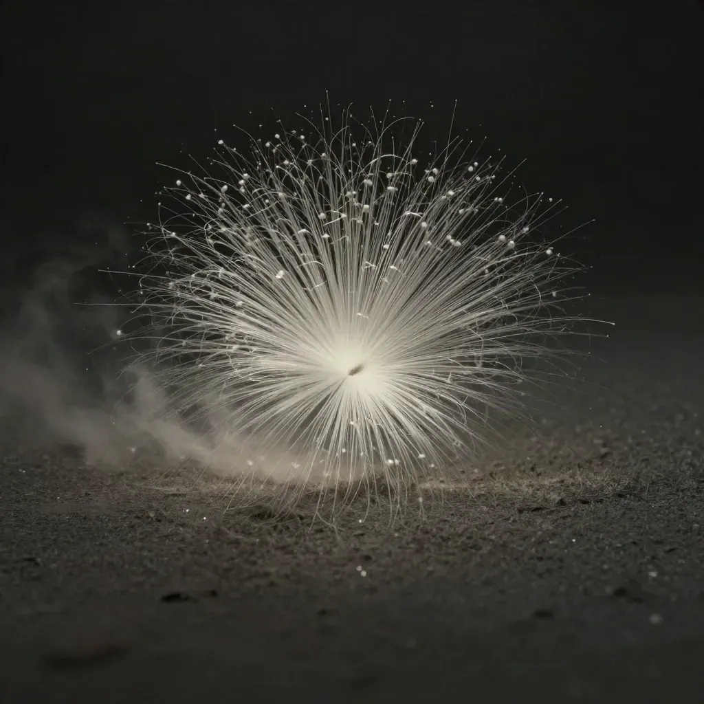 Silver filaments converge to a soft white bloom in a dark graphite void with drifting haze.